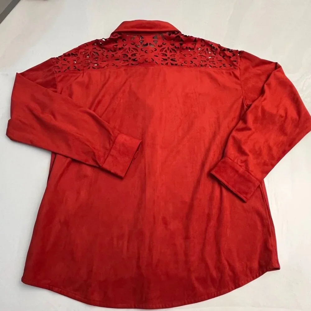 Attitudes by Renée Faux Suede Laser Cut Button Front Shirt Jacket Red Small